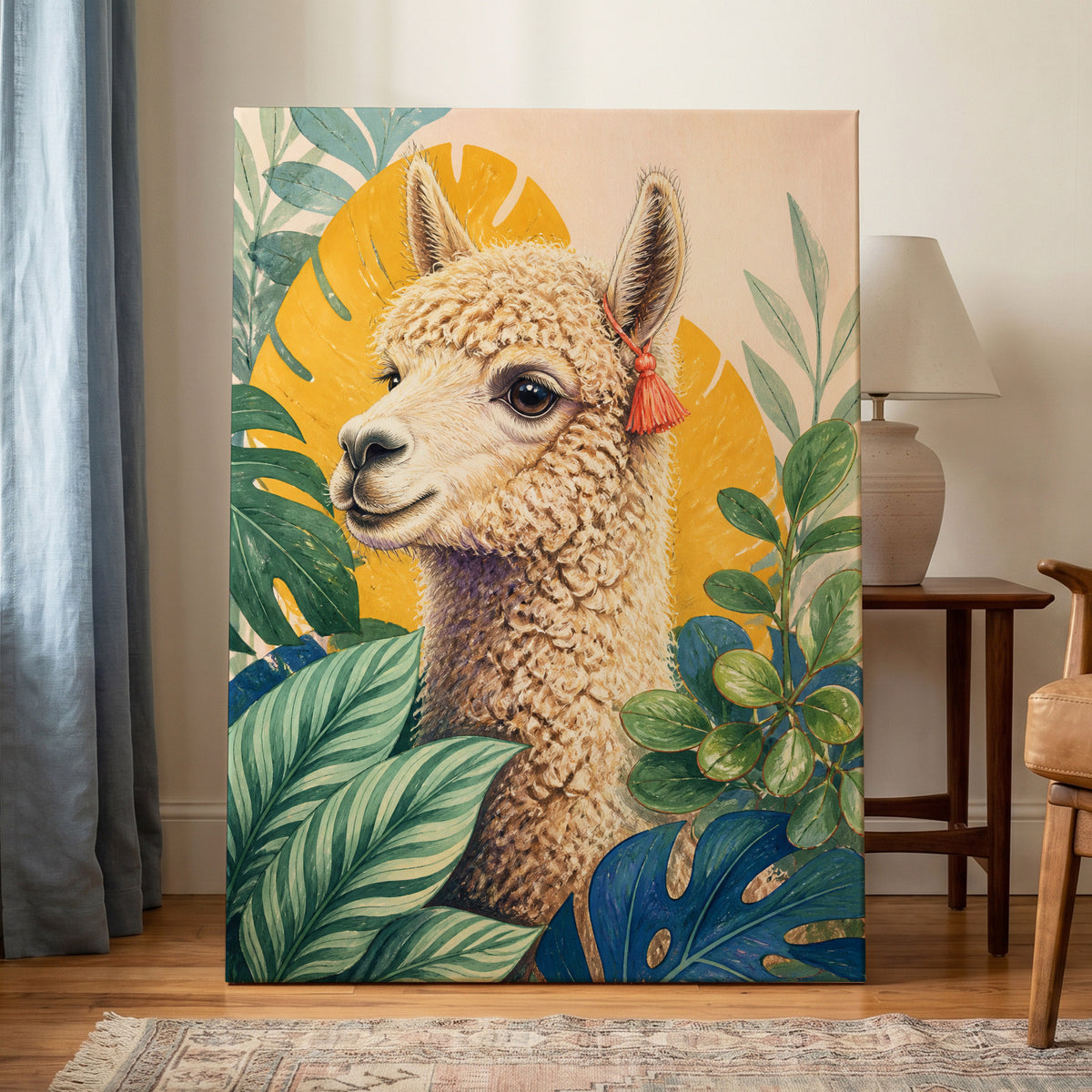 Alpaca in the Canopy, green, beige, yellow nature wall art displayed in a styled interior, gallery view 7