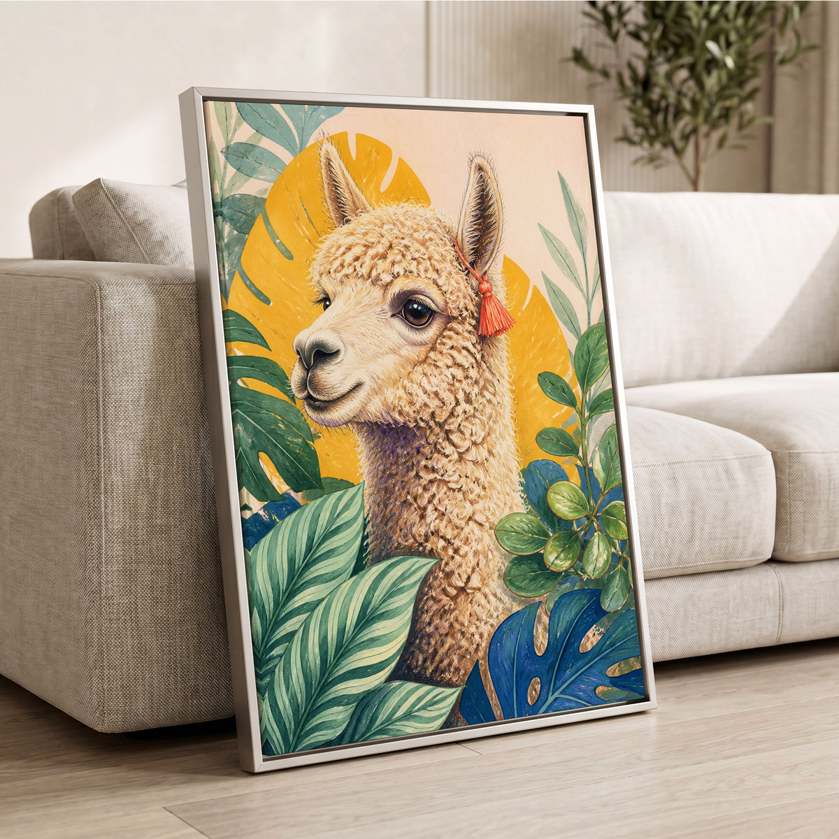 Alpaca in the Canopy, green, beige, yellow nature wall art displayed in a styled interior, gallery view 8