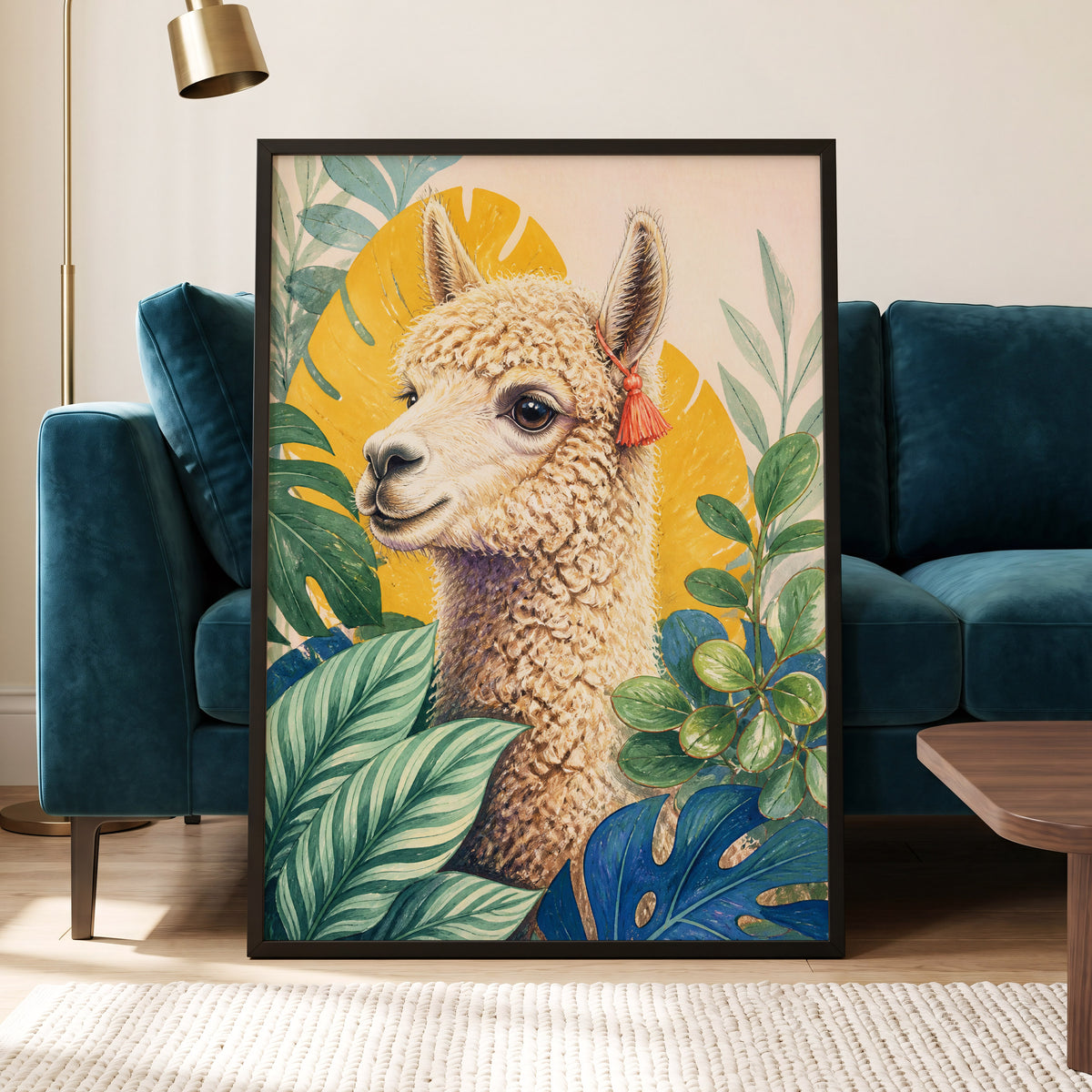 Alpaca in the Canopy, green, beige, yellow nature wall art displayed in a styled interior, gallery view 9