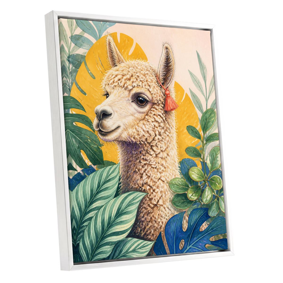 Alpaca in the Canopy, green, beige, yellow nature wall art shown as a white framed canvas wall art