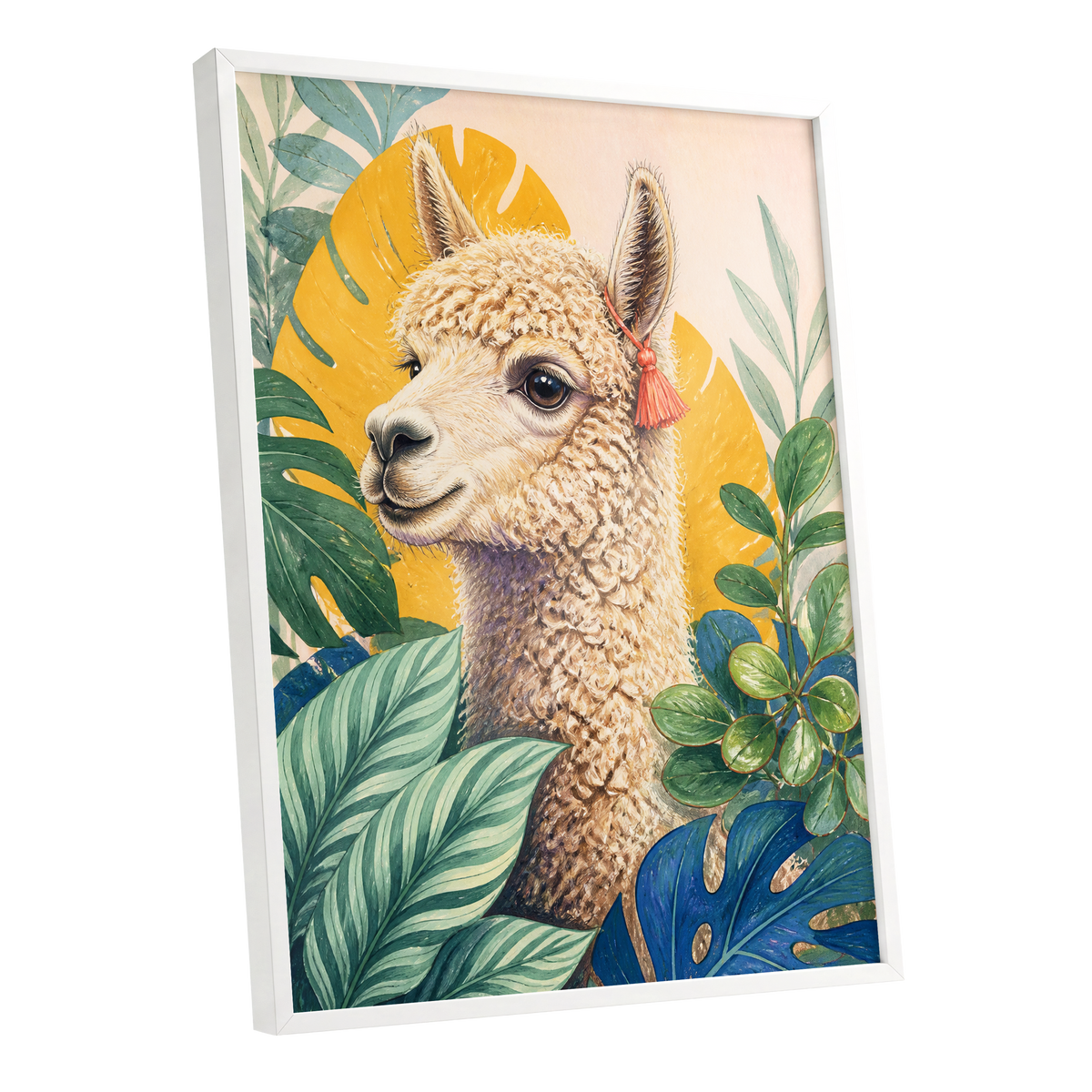 Alpaca in the Canopy, green, beige, yellow nature wall art shown as a white framed poster wall art print