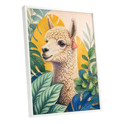 Alpaca in the Canopy, green, beige, yellow nature wall art shown as a white framed poster wall art print