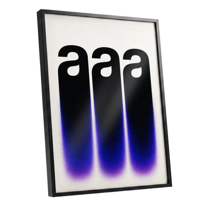 Alphabet Afterglow, black, beige, blue minimalist wall art shown as a black framed poster wall art print