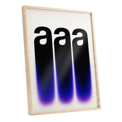 Alphabet Afterglow, black, beige, blue minimalist wall art shown as a oak framed poster wall art print