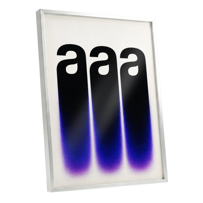 Alphabet Afterglow, black, beige, blue minimalist wall art shown as a silver framed poster wall art print