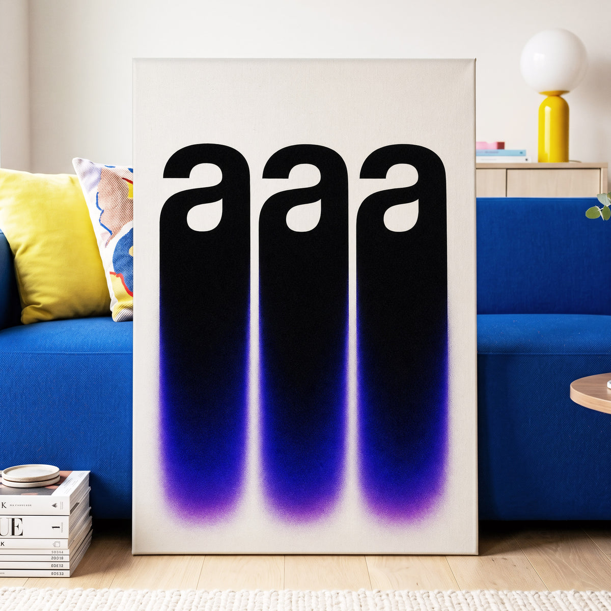 Alphabet Afterglow, black, beige, blue minimalist wall art displayed in a styled interior, gallery view 3