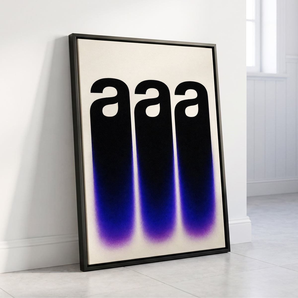 Alphabet Afterglow, black, beige, blue minimalist wall art displayed in a styled interior, gallery view 4