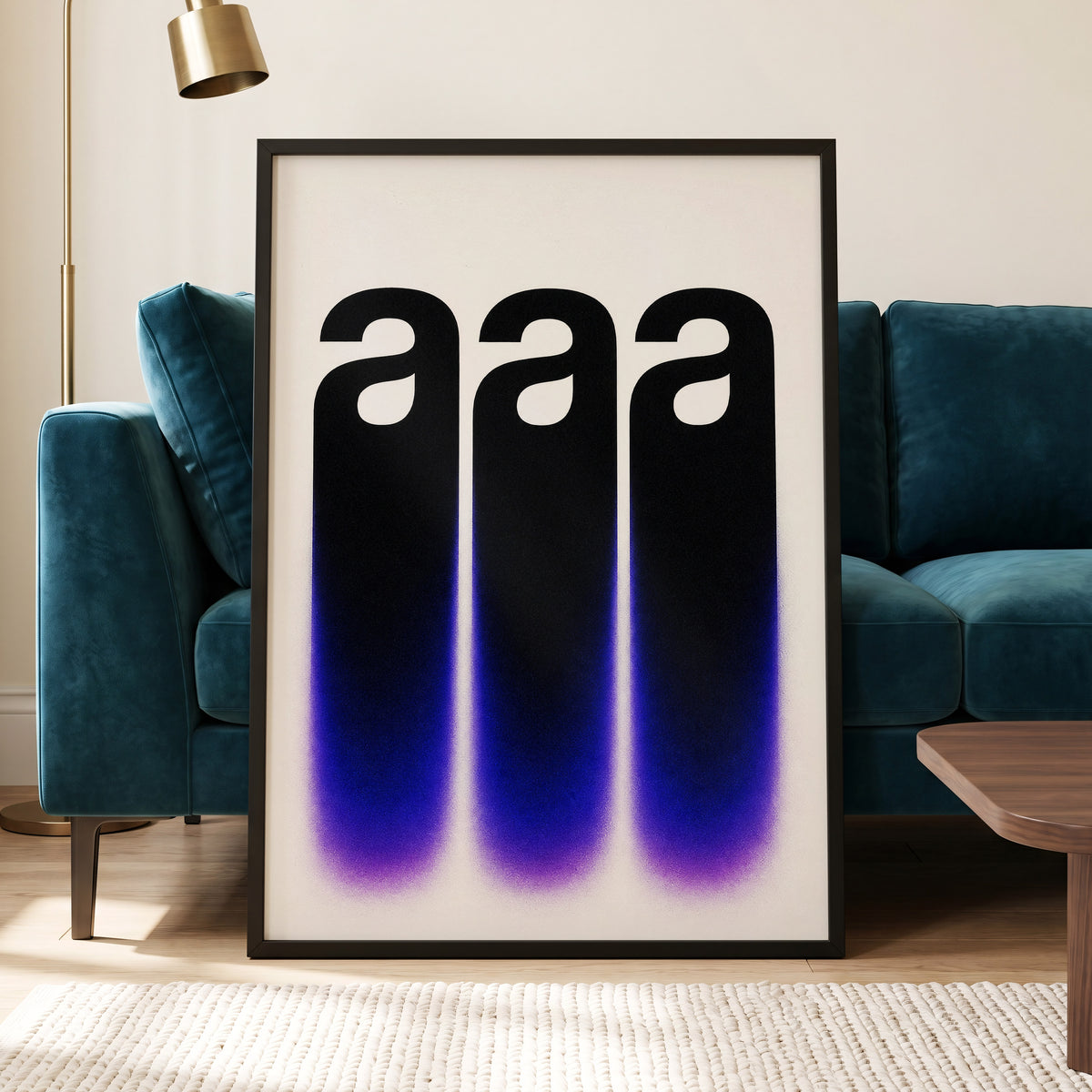 Alphabet Afterglow, black, beige, blue minimalist wall art displayed in a styled interior, gallery view 6