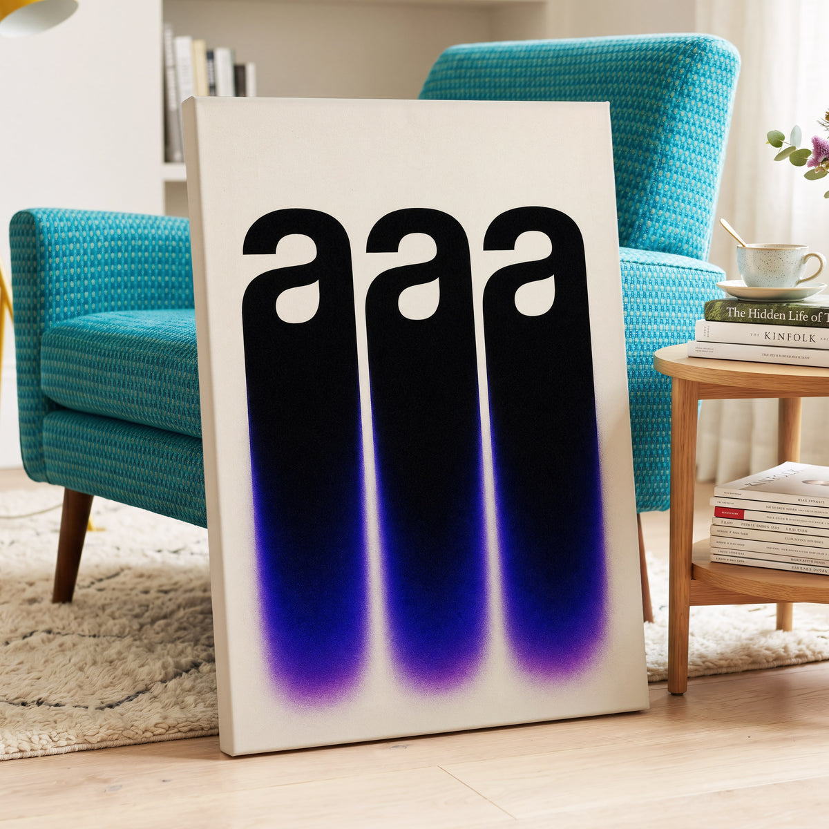 Alphabet Afterglow, black, beige, blue minimalist wall art displayed in a styled interior, gallery view 7