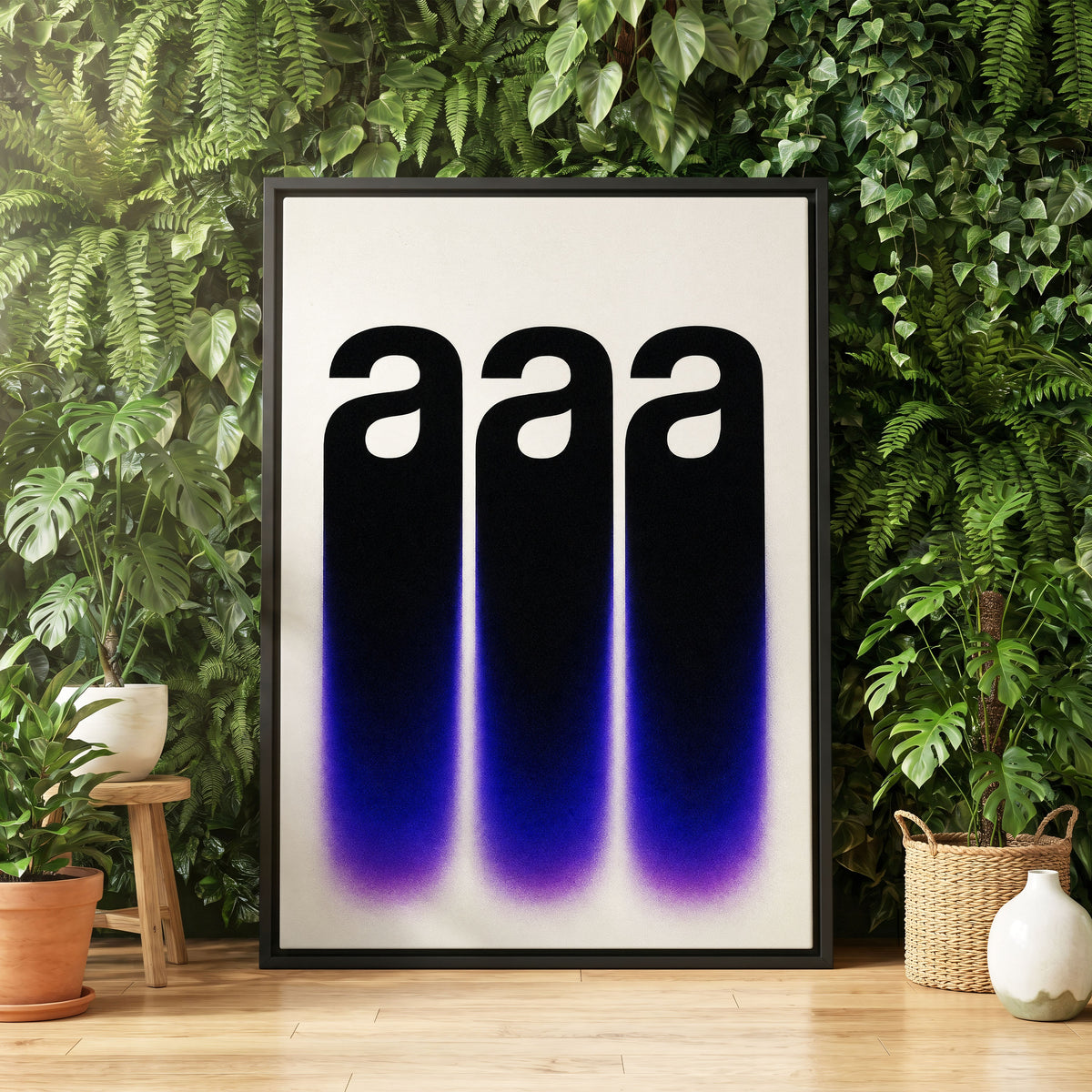 Alphabet Afterglow, black, beige, blue minimalist wall art displayed in a styled interior, gallery view 8
