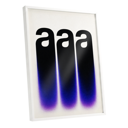 Alphabet Afterglow, black, beige, blue minimalist wall art shown as a white framed poster wall art print