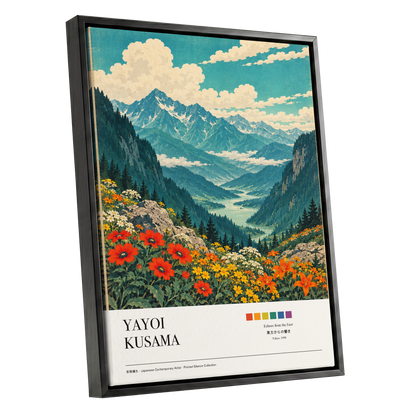 Alpine Bloom Vista, green, blue, beige nature wall art shown as a black framed canvas wall art