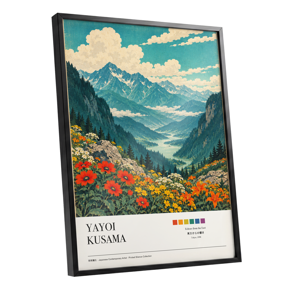Alpine Bloom Vista, green, blue, beige nature wall art shown as a black framed poster wall art print