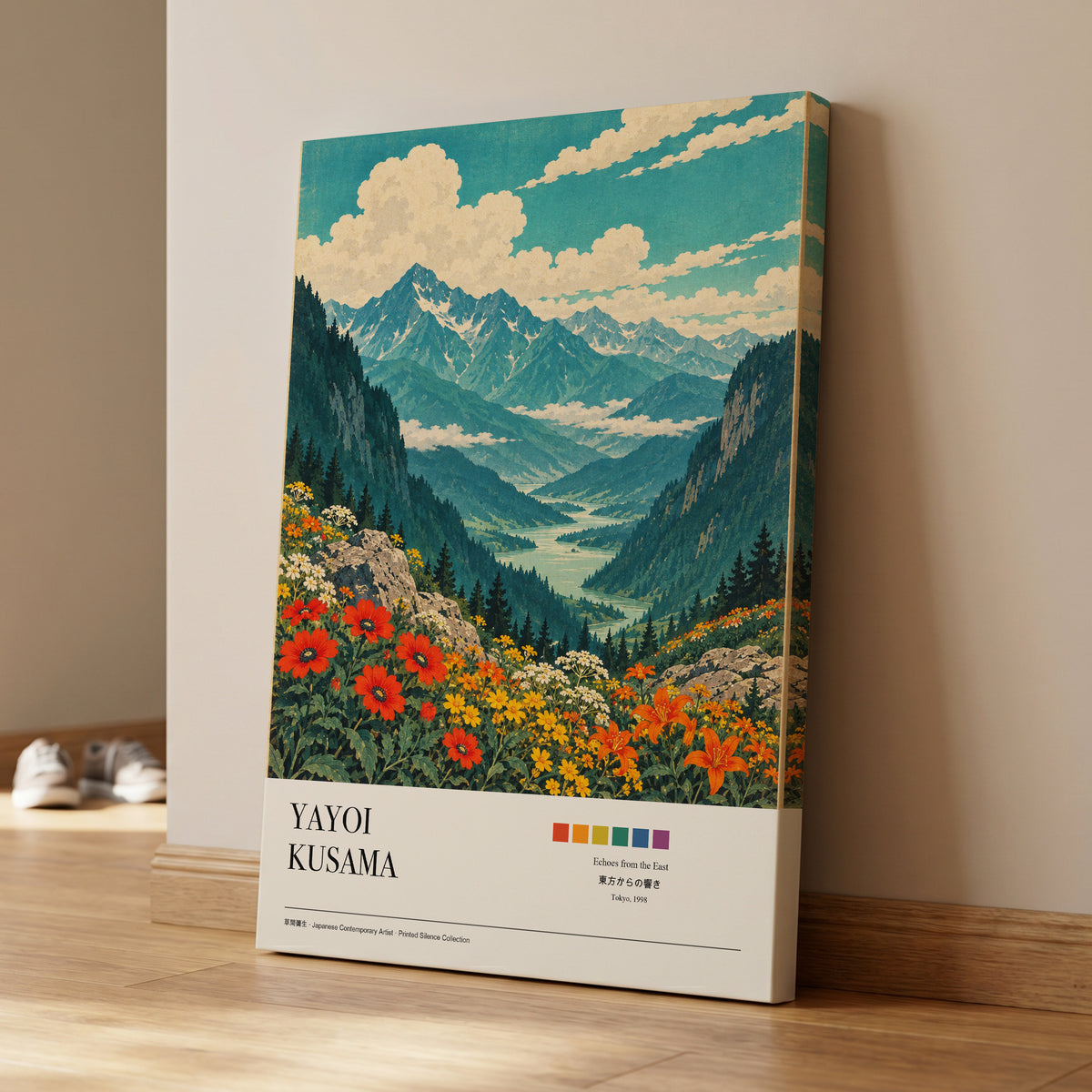 Alpine Bloom Vista, green, blue, beige nature wall art on canvas displayed in a styled interior, gallery view 1