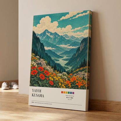Alpine Bloom Vista, green, blue, beige nature wall art on canvas displayed in a styled interior, gallery view 1