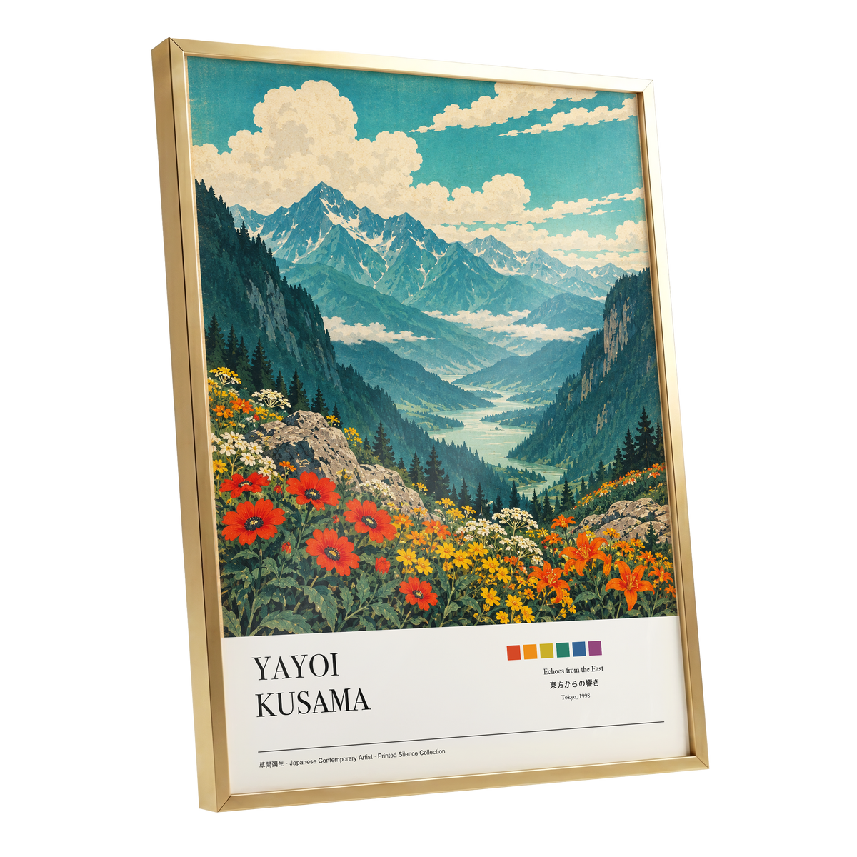 Alpine Bloom Vista, green, blue, beige nature wall art shown as a gold framed poster wall art print