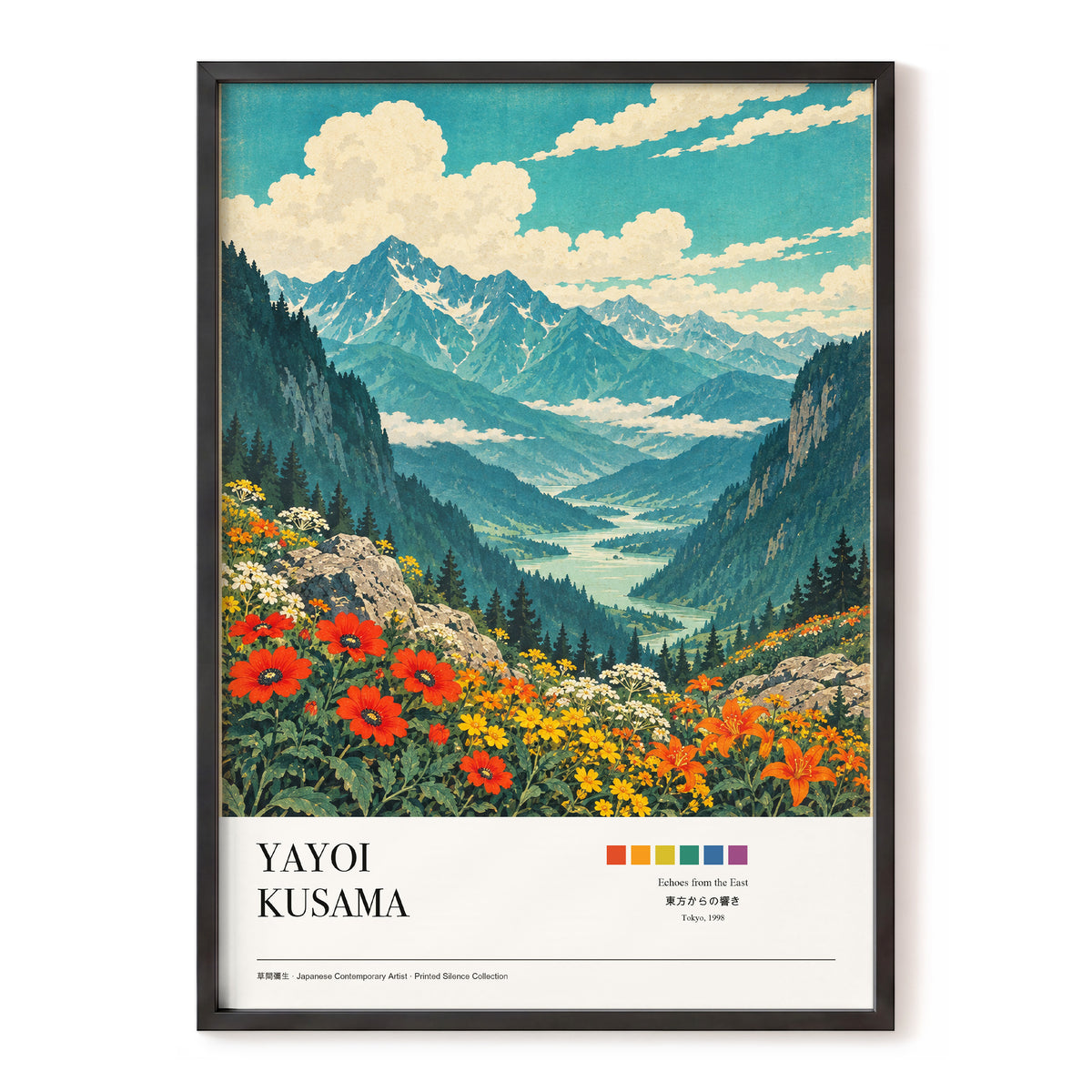 Alpine Bloom Vista, green, blue, beige nature wall art, front artwork view