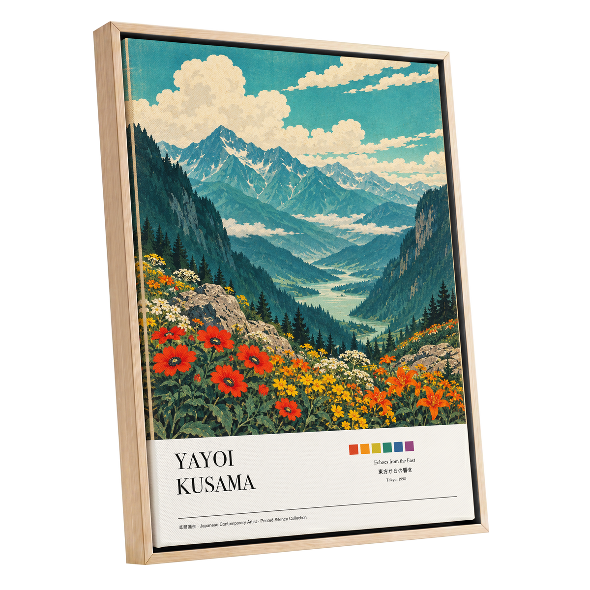 Alpine Bloom Vista, green, blue, beige nature wall art shown as a oak framed canvas wall art
