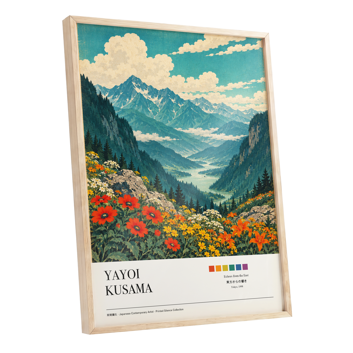Alpine Bloom Vista, green, blue, beige nature wall art shown as a oak framed poster wall art print