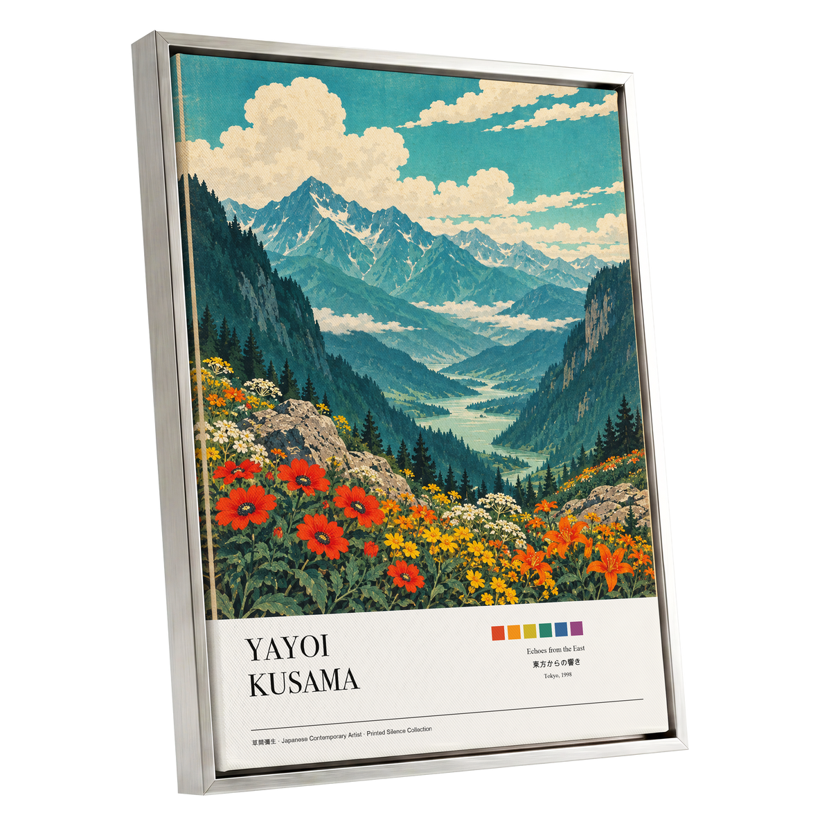 Alpine Bloom Vista, green, blue, beige nature wall art shown as a silver framed canvas wall art