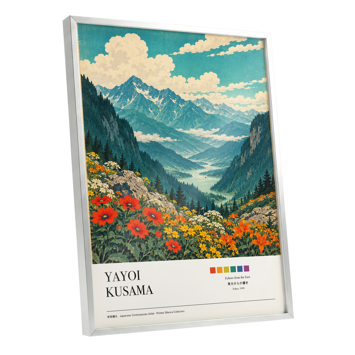 Alpine Bloom Vista, green, blue, beige nature wall art shown as a silver framed poster wall art print