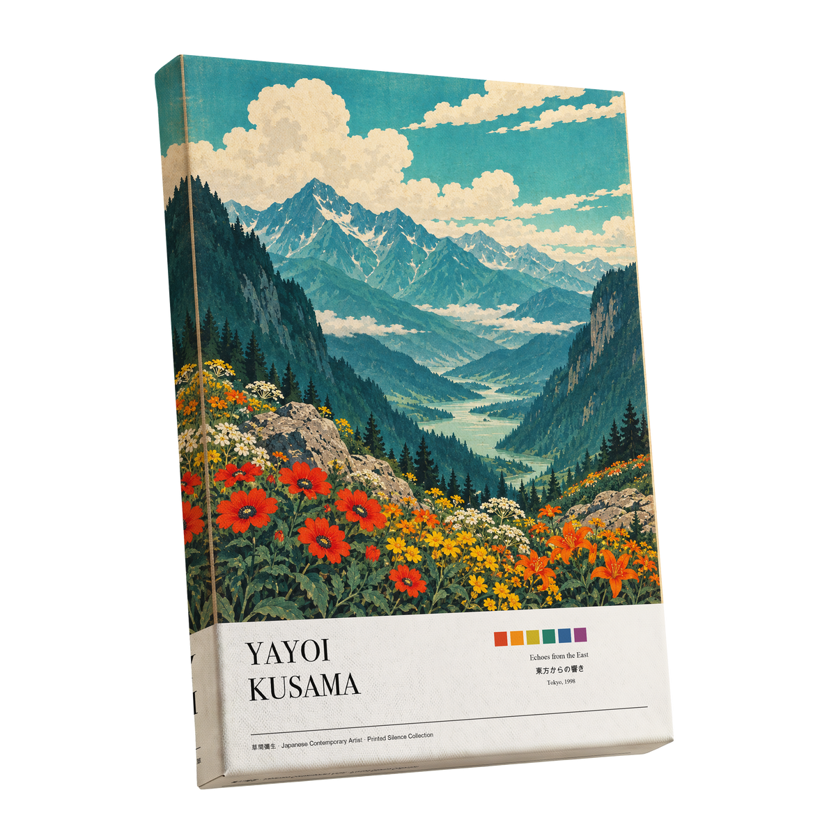 Alpine Bloom Vista, green, blue, beige nature wall art shown as a stretched canvas wall art
