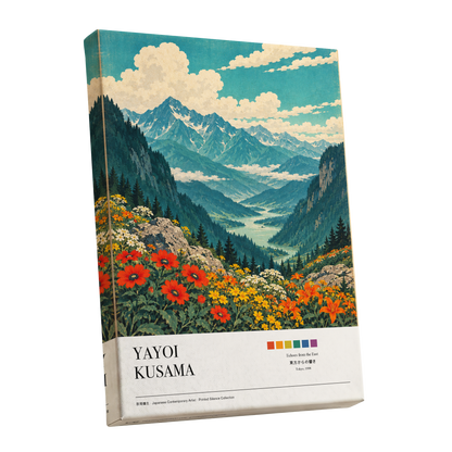 Alpine Bloom Vista, green, blue, beige nature wall art shown as a stretched canvas wall art