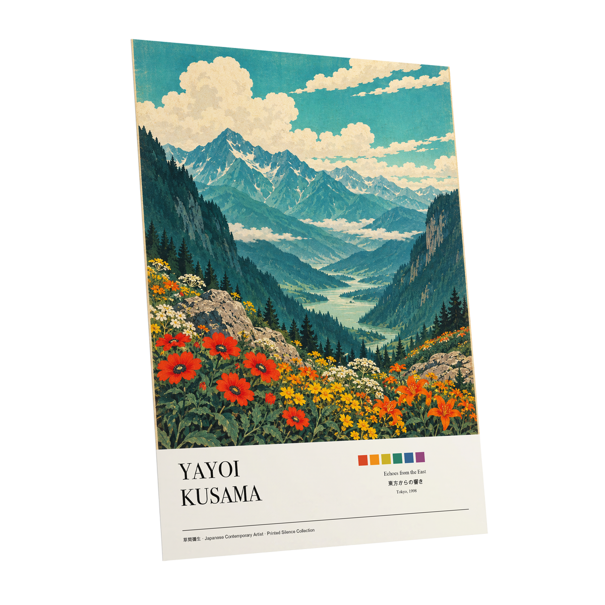 Alpine Bloom Vista, green, blue, beige nature wall art shown as a unframed poster wall art print
