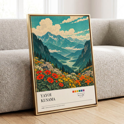 Alpine Bloom Vista, green, blue, beige nature wall art displayed in a styled interior, gallery view 1