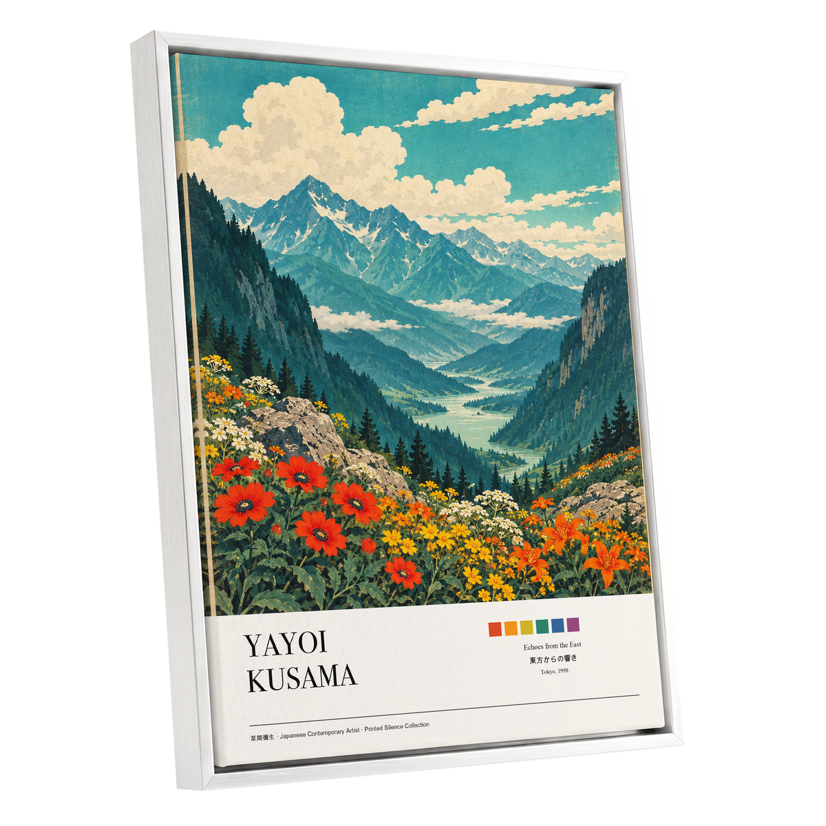 Alpine Bloom Vista, green, blue, beige nature wall art shown as a white framed canvas wall art