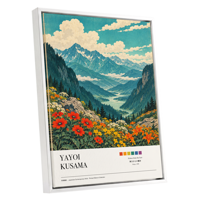 Alpine Bloom Vista, green, blue, beige nature wall art shown as a white framed canvas wall art