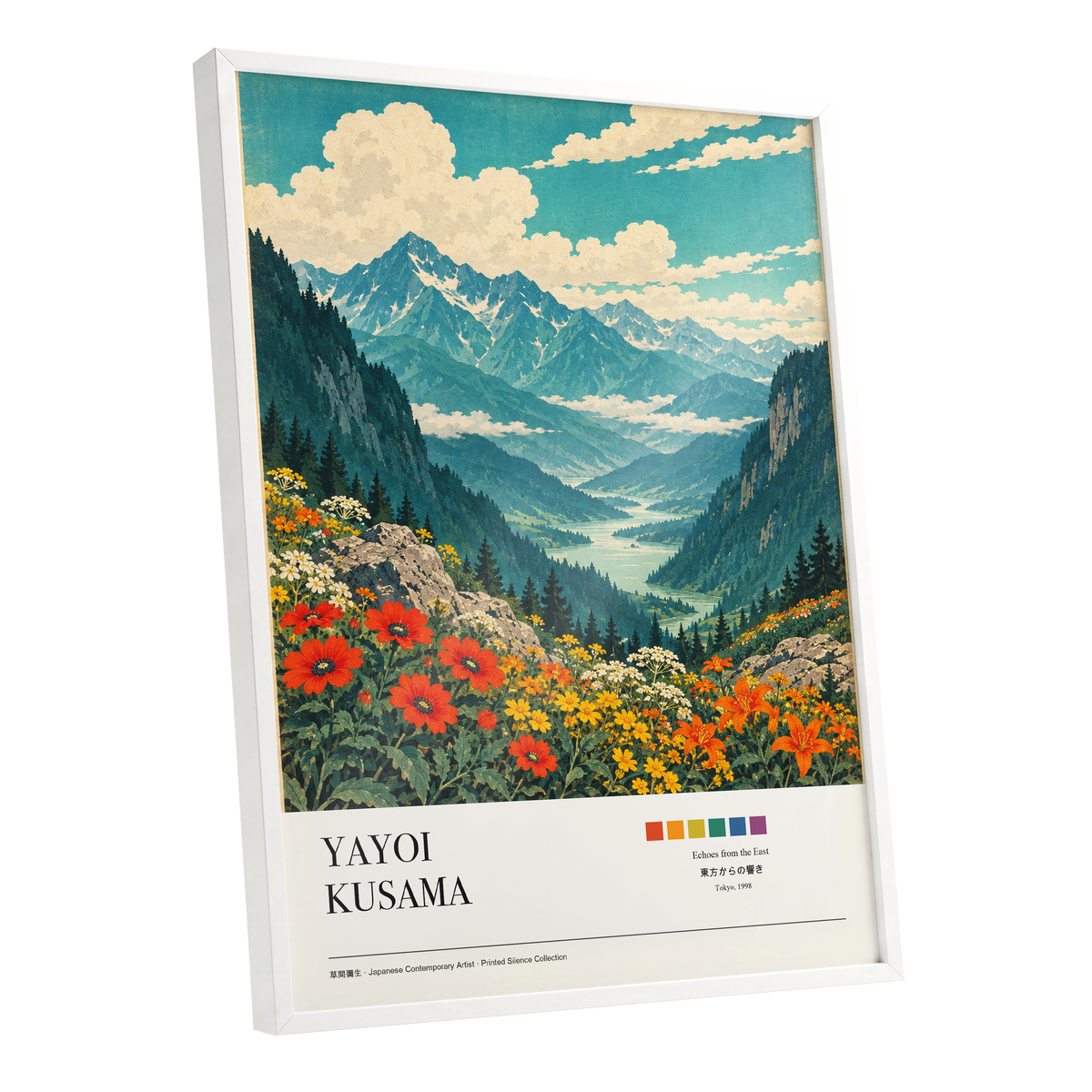Alpine Bloom Vista, green, blue, beige nature wall art shown as a white framed poster wall art print