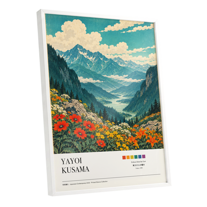 Alpine Bloom Vista, green, blue, beige nature wall art shown as a white framed poster wall art print