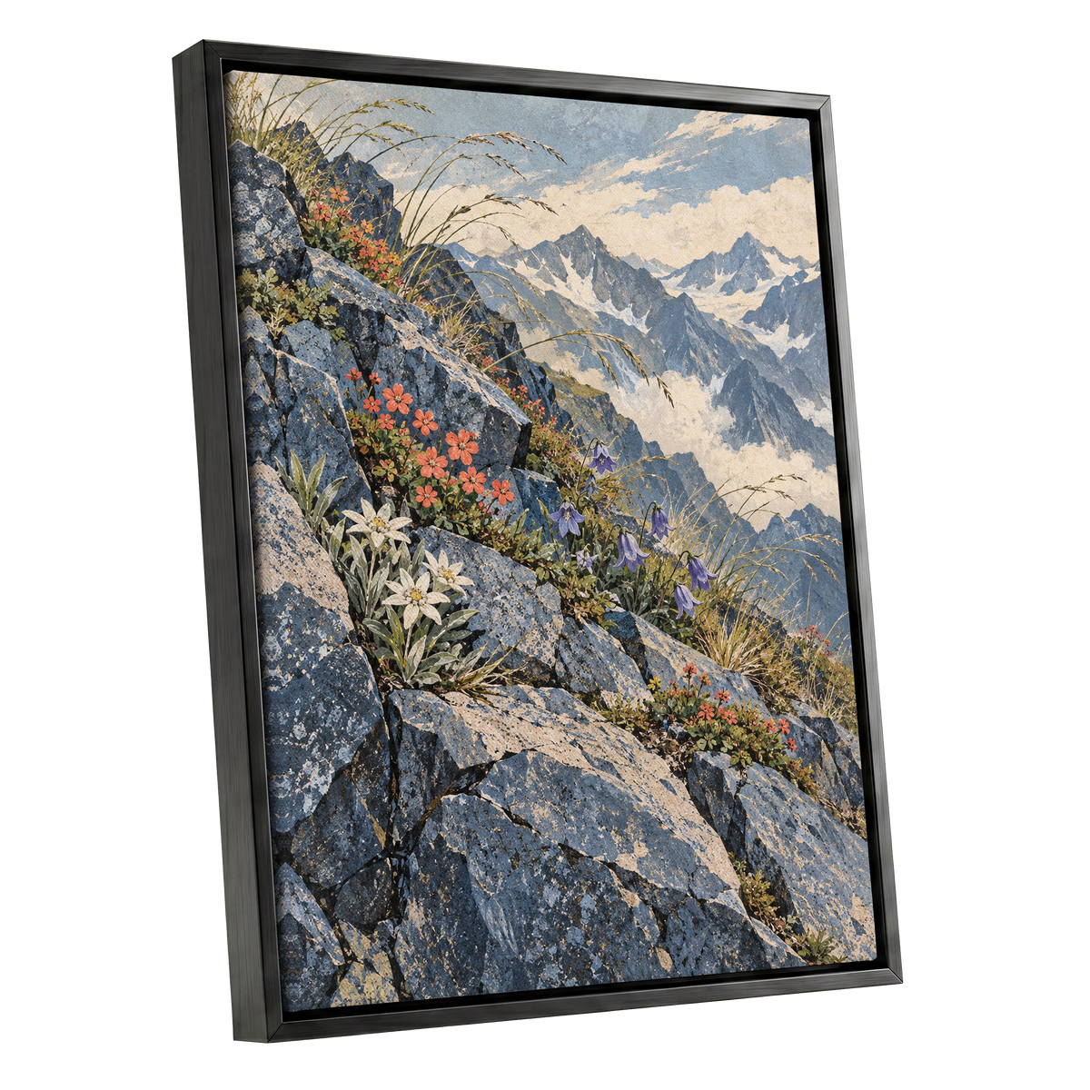 Alpine Bloomscape, blue, gray, beige nature wall art shown as a black framed canvas wall art