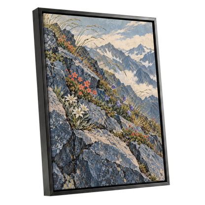 Alpine Bloomscape, blue, gray, beige nature wall art shown as a black framed canvas wall art