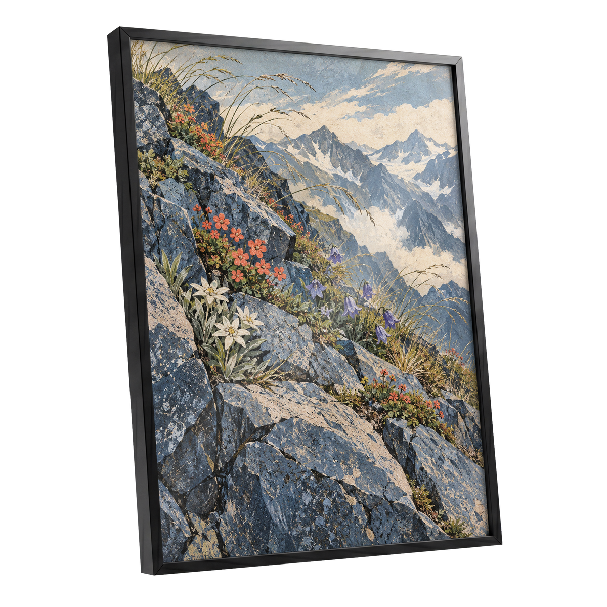 Alpine Bloomscape, blue, gray, beige nature wall art shown as a black framed poster wall art print