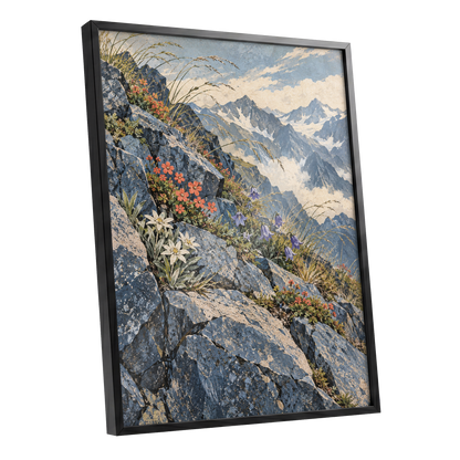 Alpine Bloomscape, blue, gray, beige nature wall art shown as a black framed poster wall art print