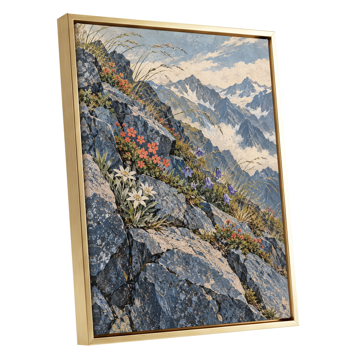 Alpine Bloomscape, blue, gray, beige nature wall art shown as a gold framed canvas wall art