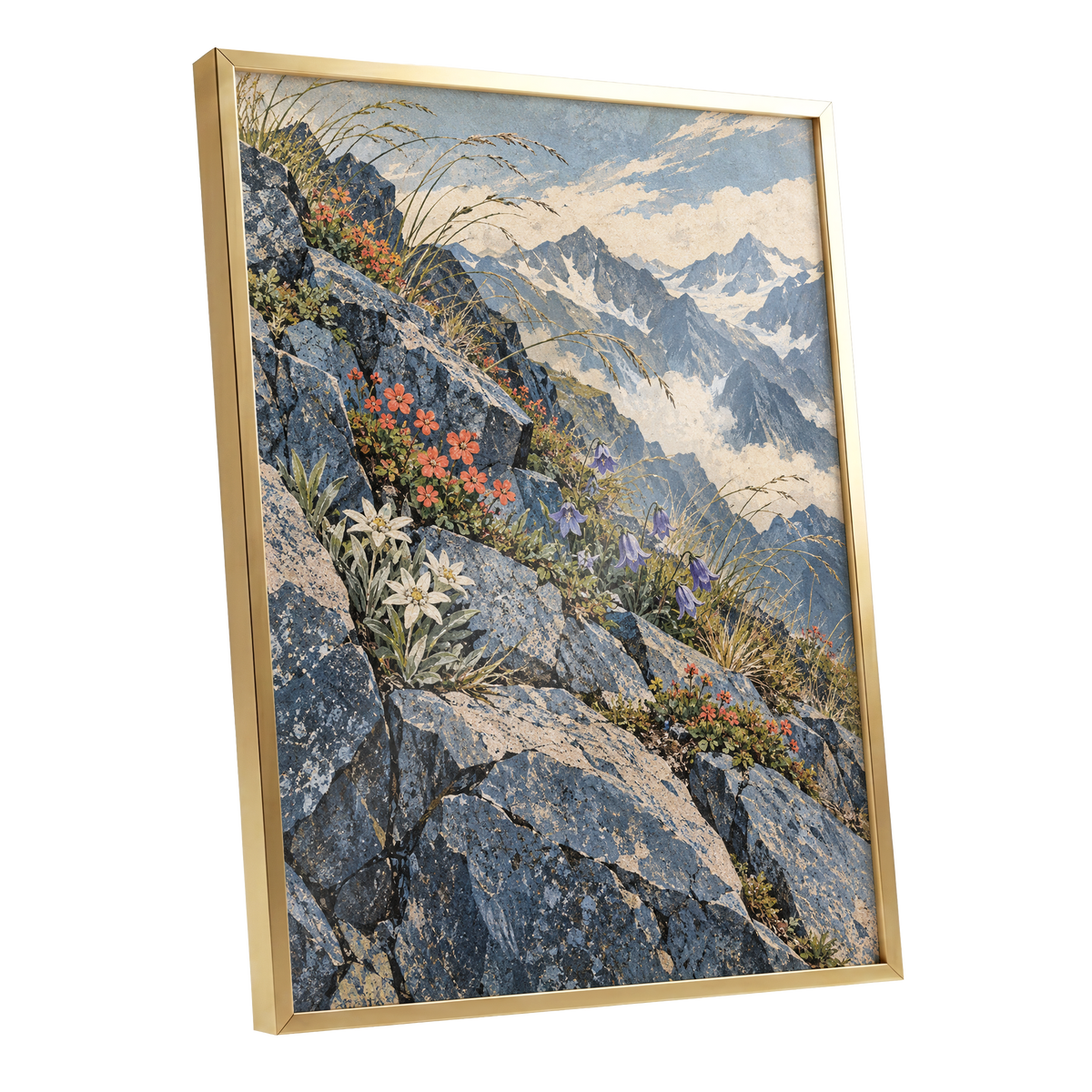 Alpine Bloomscape, blue, gray, beige nature wall art shown as a gold framed poster wall art print
