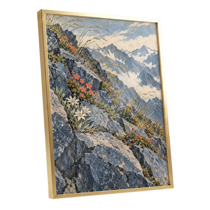 Alpine Bloomscape, blue, gray, beige nature wall art shown as a gold framed poster wall art print