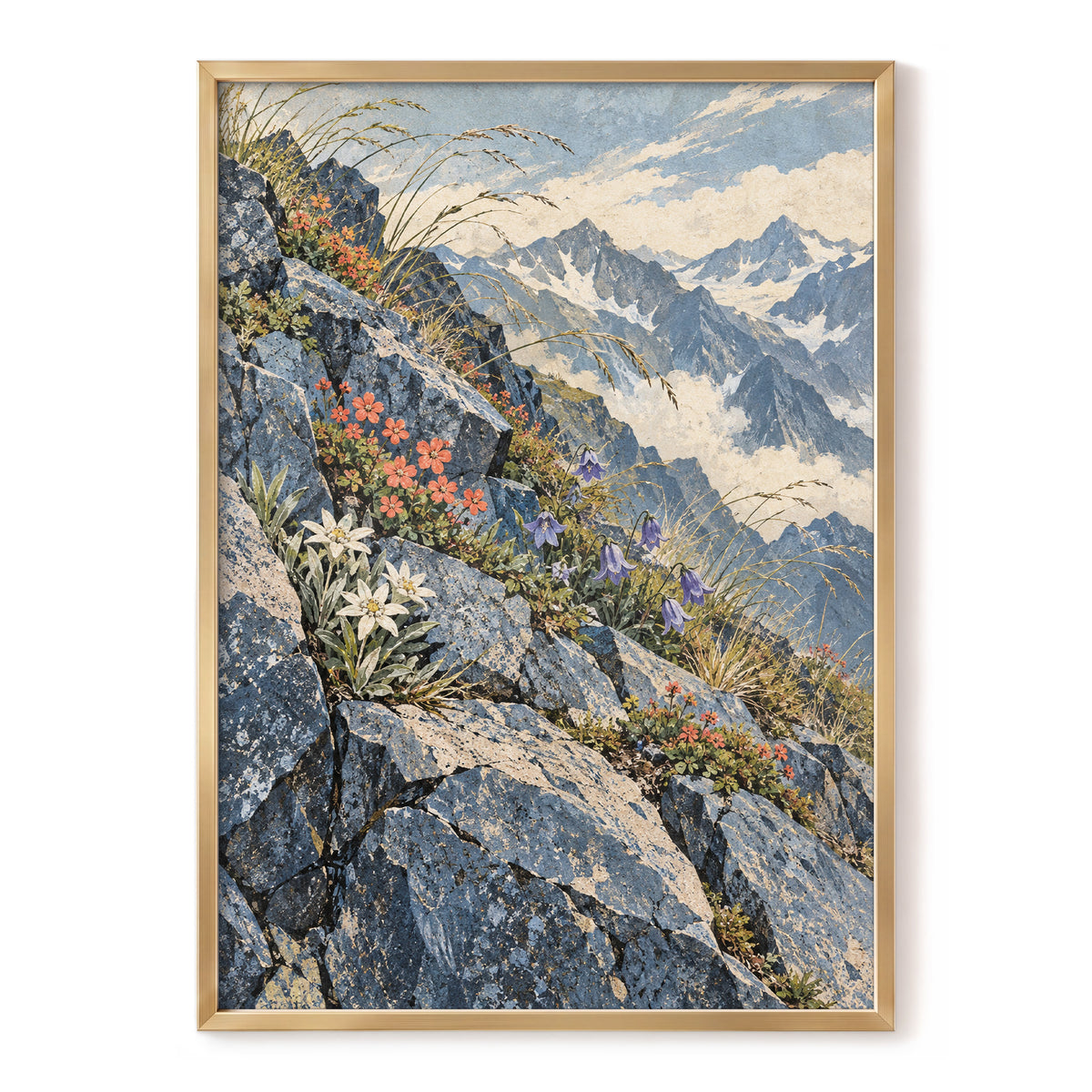 Alpine Bloomscape, blue, gray, beige nature wall art, front artwork view