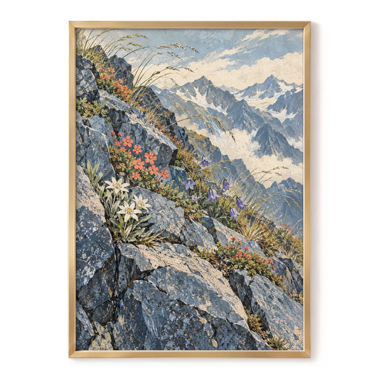 Alpine Bloomscape, blue, gray, beige nature wall art, front artwork view