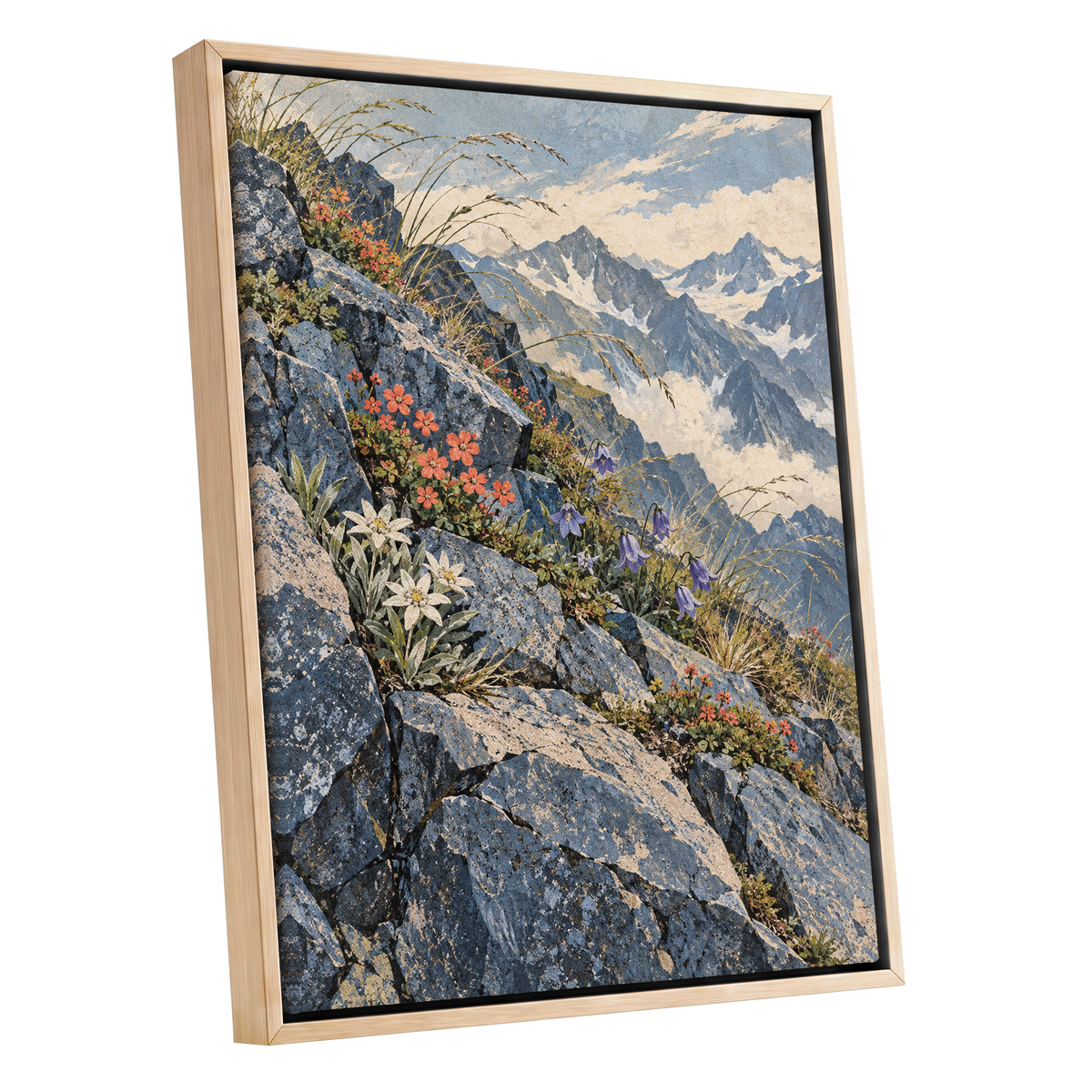 Alpine Bloomscape, blue, gray, beige nature wall art shown as a oak framed canvas wall art
