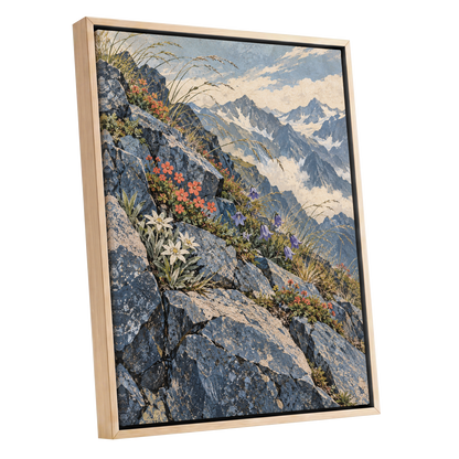 Alpine Bloomscape, blue, gray, beige nature wall art shown as a oak framed canvas wall art