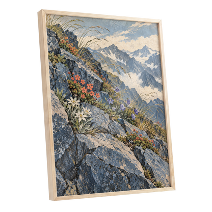 Alpine Bloomscape, blue, gray, beige nature wall art shown as a oak framed poster wall art print
