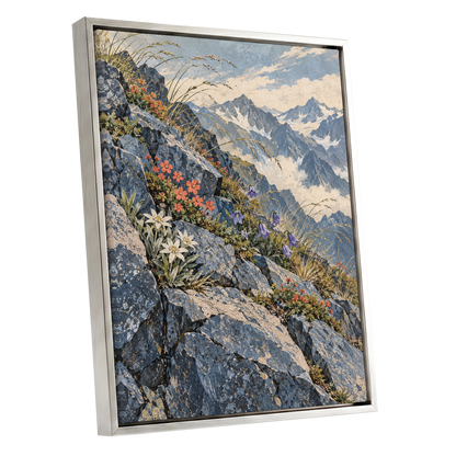 Alpine Bloomscape, blue, gray, beige nature wall art shown as a silver framed canvas wall art