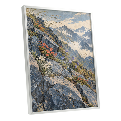 Alpine Bloomscape, blue, gray, beige nature wall art shown as a silver framed poster wall art print