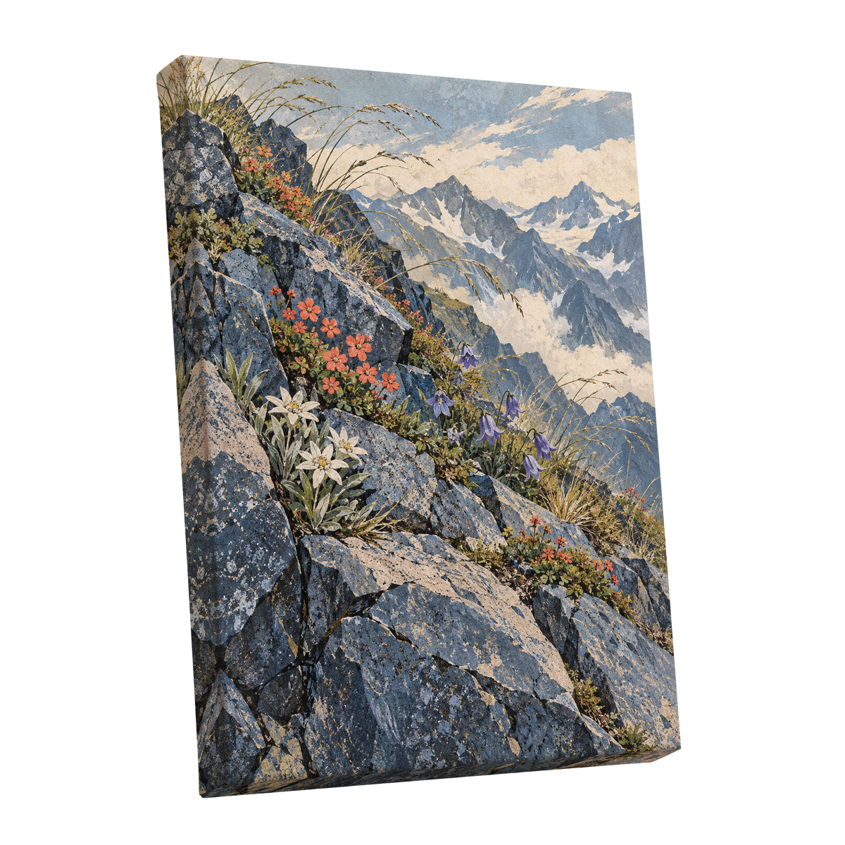 Alpine Bloomscape, blue, gray, beige nature wall art shown as a stretched canvas wall art