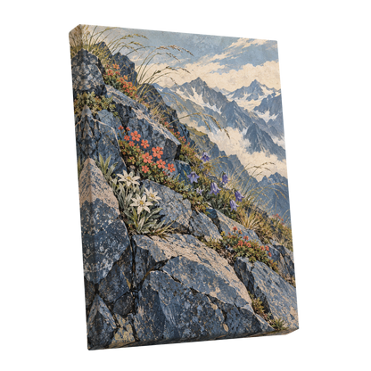 Alpine Bloomscape, blue, gray, beige nature wall art shown as a stretched canvas wall art