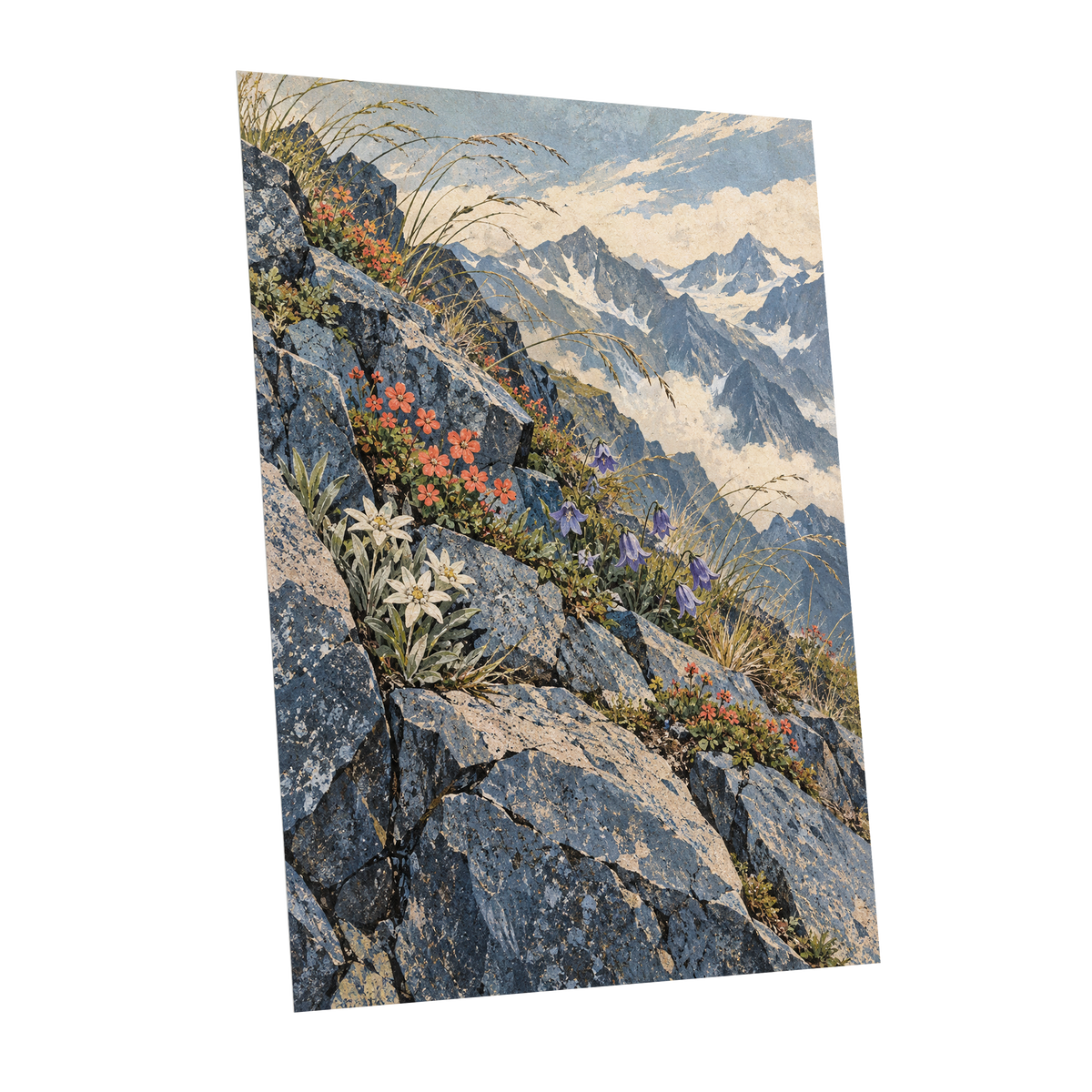 Alpine Bloomscape, blue, gray, beige nature wall art shown as a unframed poster wall art print